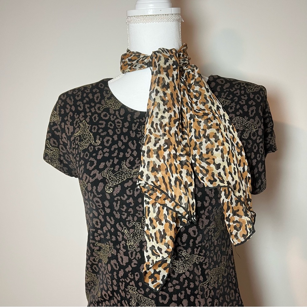 Vintage 1970-90s Leopard Cat Print Silk-Blend‎ Neck Scarf Bandana 🐆